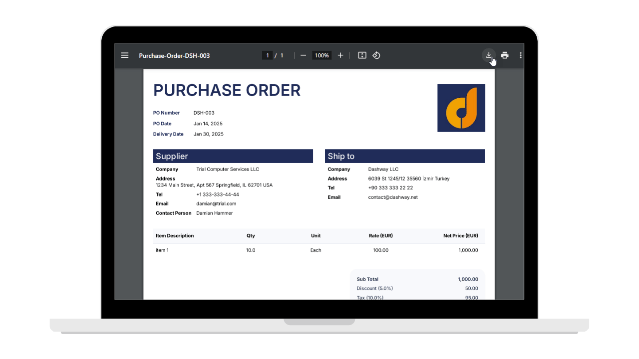 DashPO-Online-Purchase-Order-Home-Page-Export